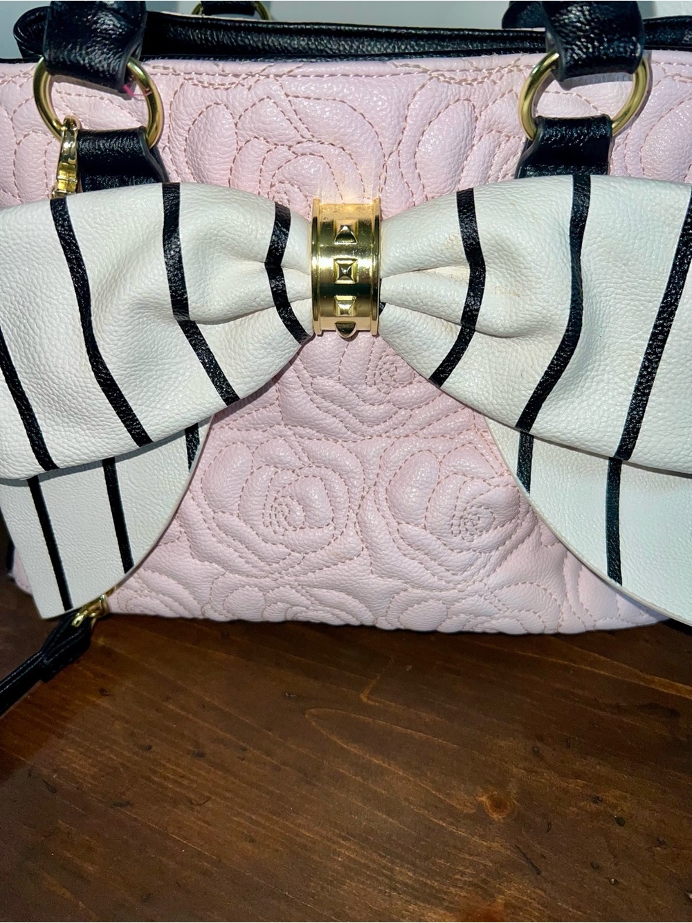 Betsey Johnson Pink and Black Quilted Satchel with Striped Bow - Picture 2 of 9